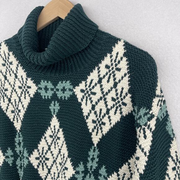 JONES NEW YORK Sweater Sport S Argyle Nordic Turtleneck Hand Knit Green Vintage - Picture 3 of 12